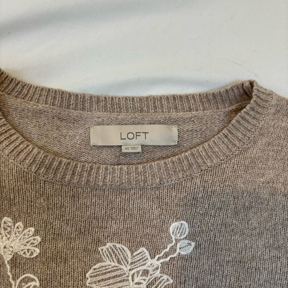 Floral Embroidered Tan Sweater Wool Cotton Blend - Picture 7 of 8